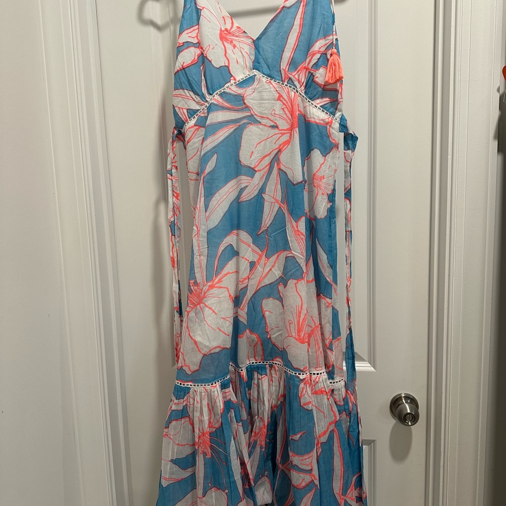 FARM Rio Blue Floral Maxi Dress with Coral Accents - Picture 9 of 9